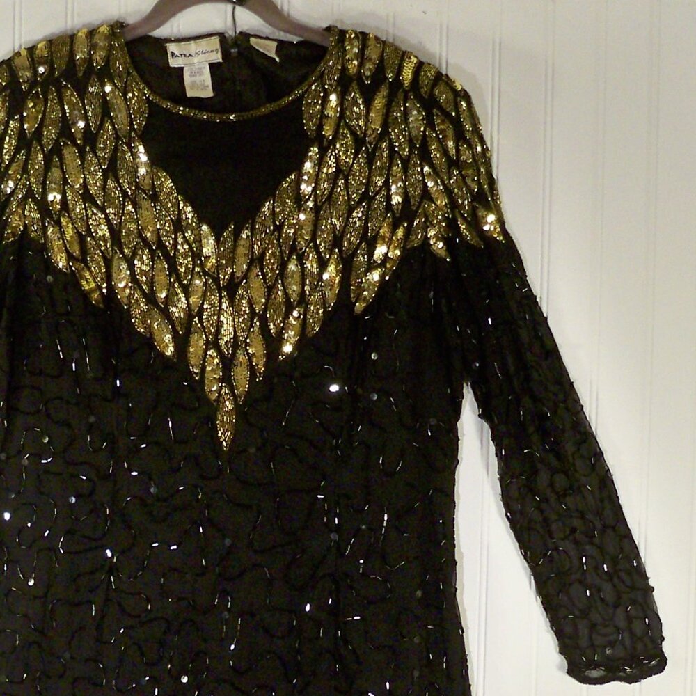 Patra Stenay, Bead, Sequin, Gold Black Dress 14 W